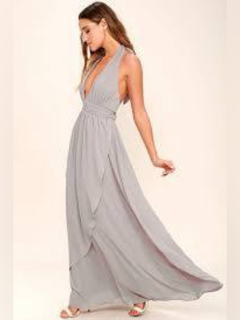 Elegant Grey Halter V-Neck Maxi Dress